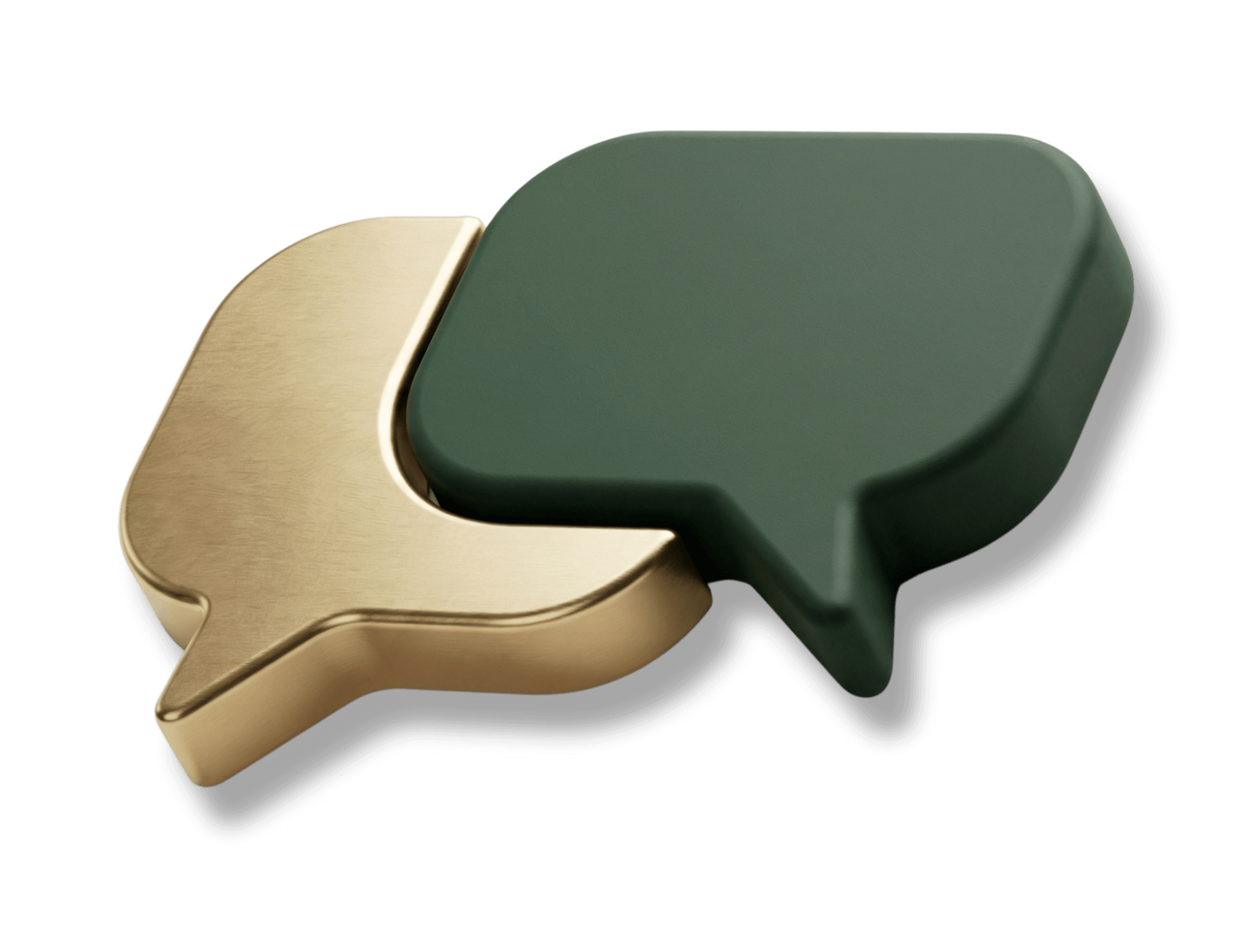 A 3D isometric icon of two interlocking speech bubbles—one matte green and one brushed gold—representing open dialogue and client partnership