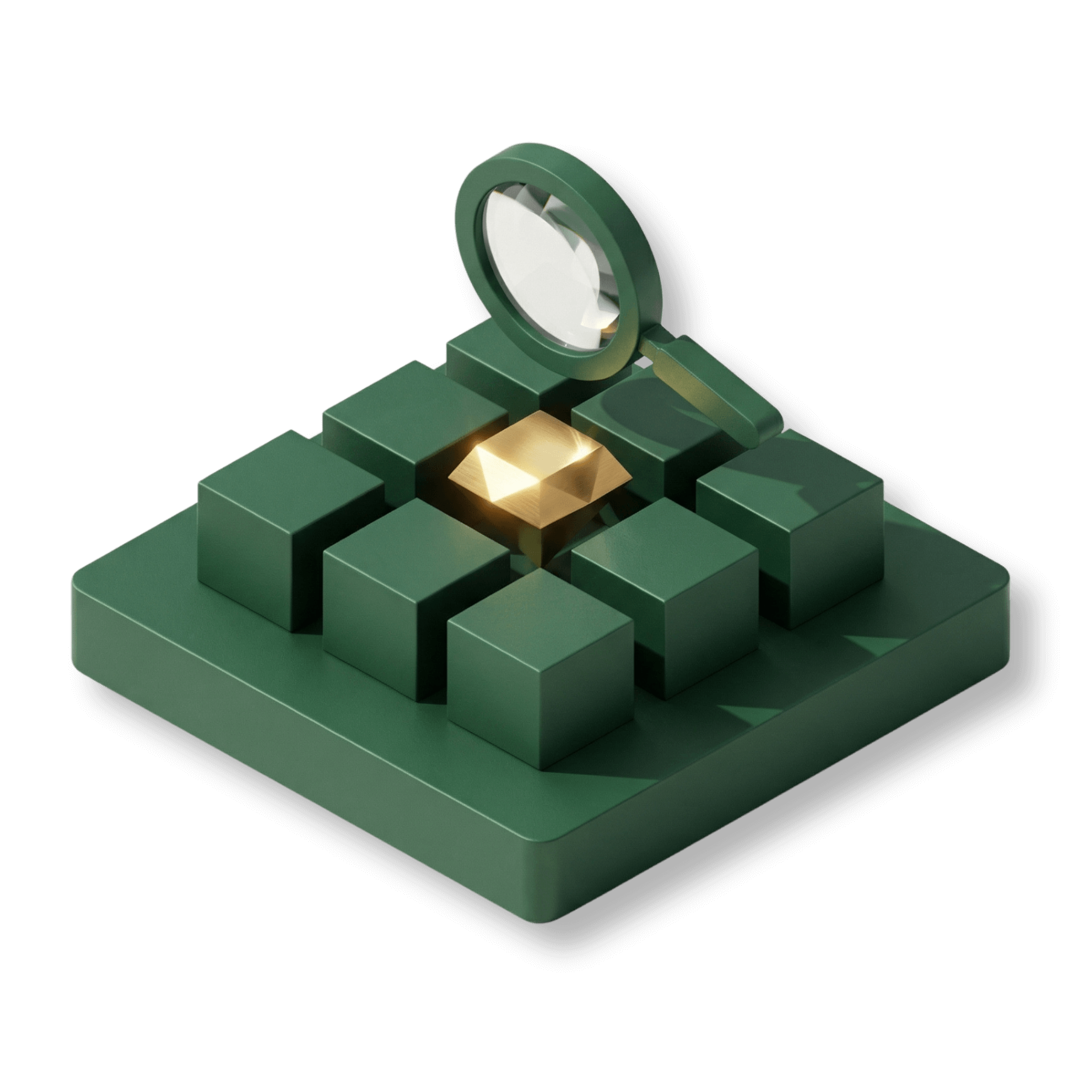 3D green compass icon representing customized research services to uncover community insights and data.