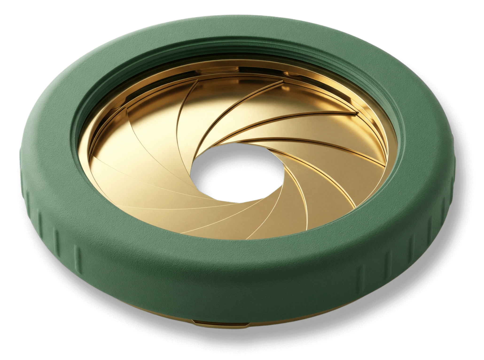 A 3D green camera aperture lens with gold blades, symbolizing data-driven clarity and rigorous educational program evaluation.