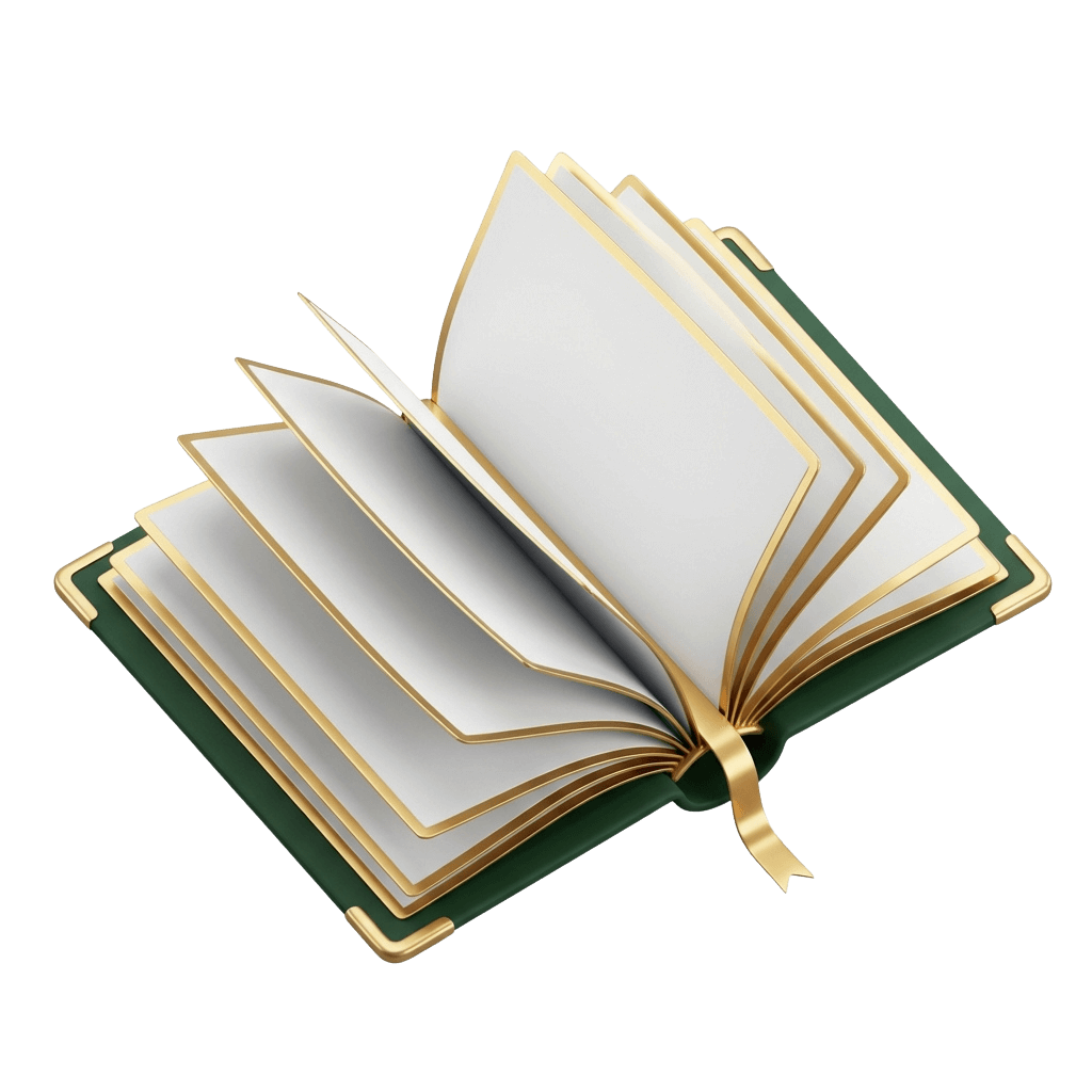 3D green and gold open book illustration, symbolizing the transparency and knowledge central to Bloom Education Group's mission.