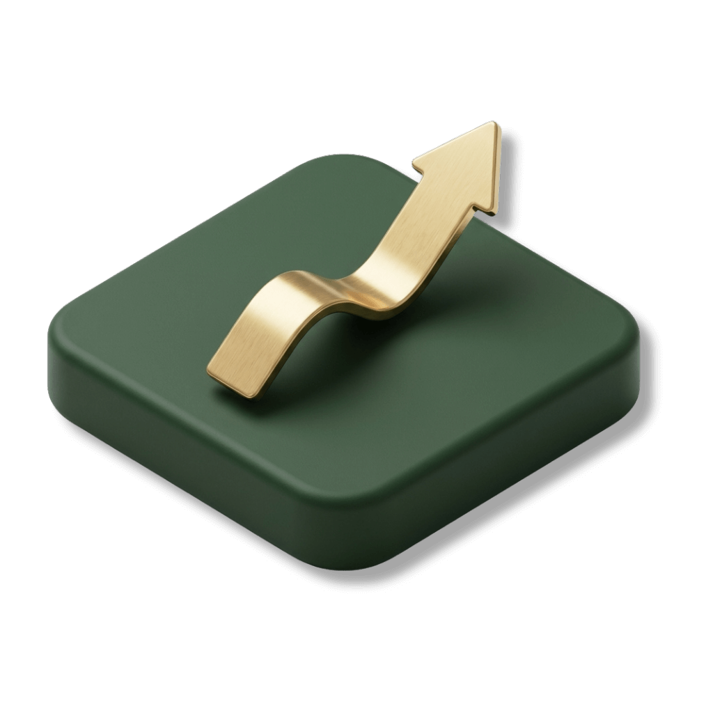 A 3D isometric icon of a dark green square tile featuring a rising brushed gold arrow, symbolizing business growth and positive impact.