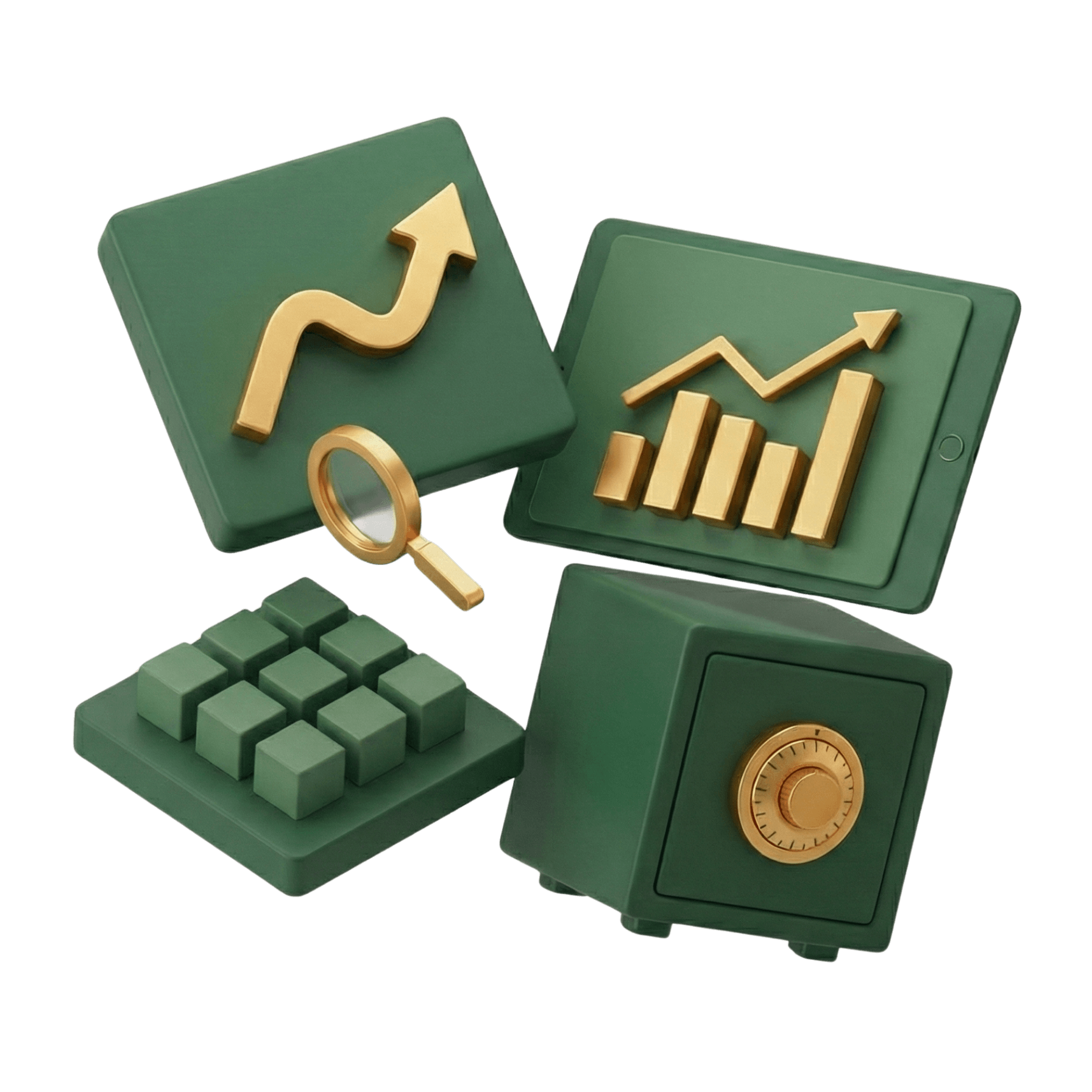 3D illustration of Bloom Education Group's service toolkit, including a safe, growth chart, and magnifying glass, representing Research, Strategy, and Funding.