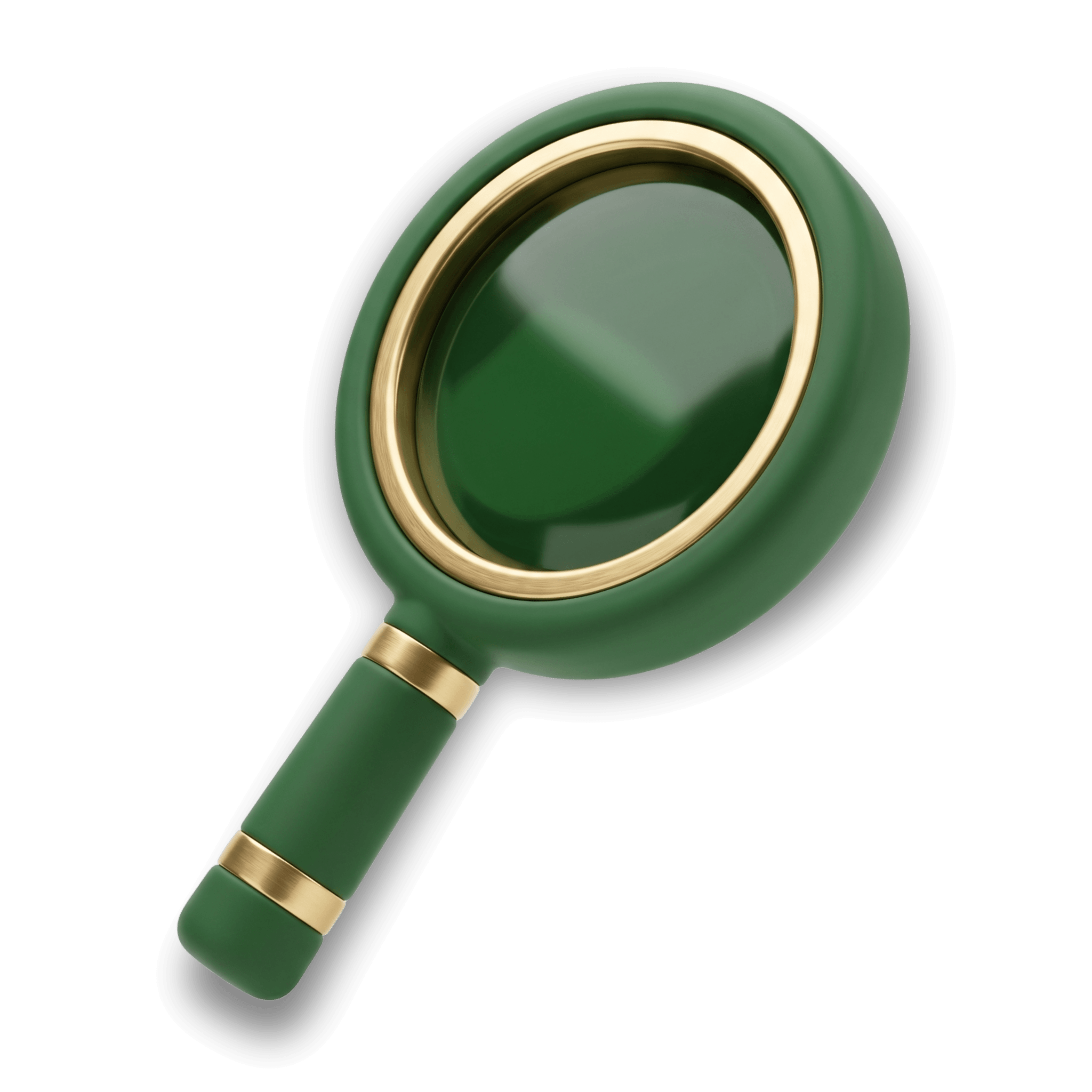 3D forest green and gold magnifying glass icon representing Bloom Education Group's diagnostic research services.