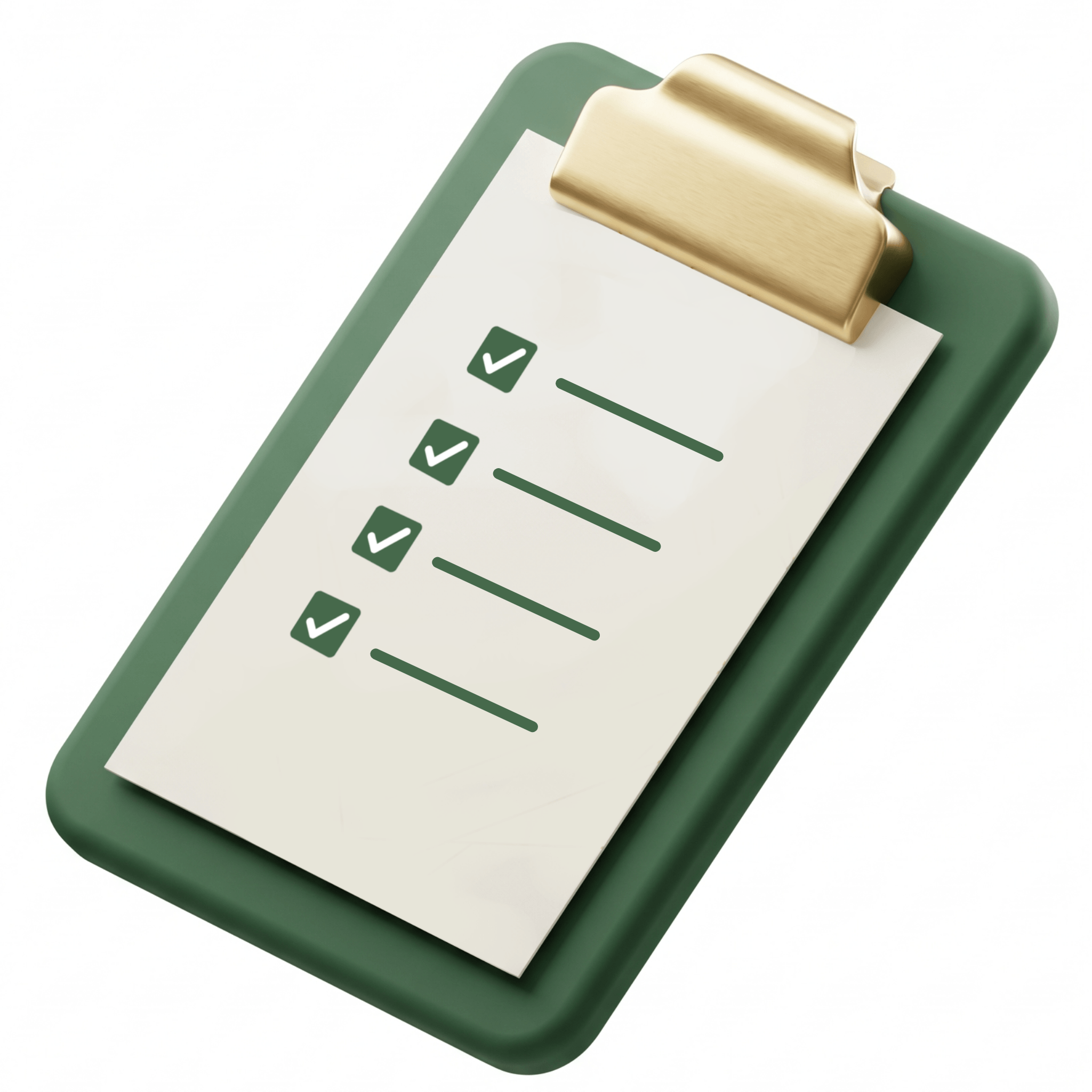 3D forest green and gold clipboard with diagnostic checkmarks representing Bloom Education Group's program evaluation and assessment services.
