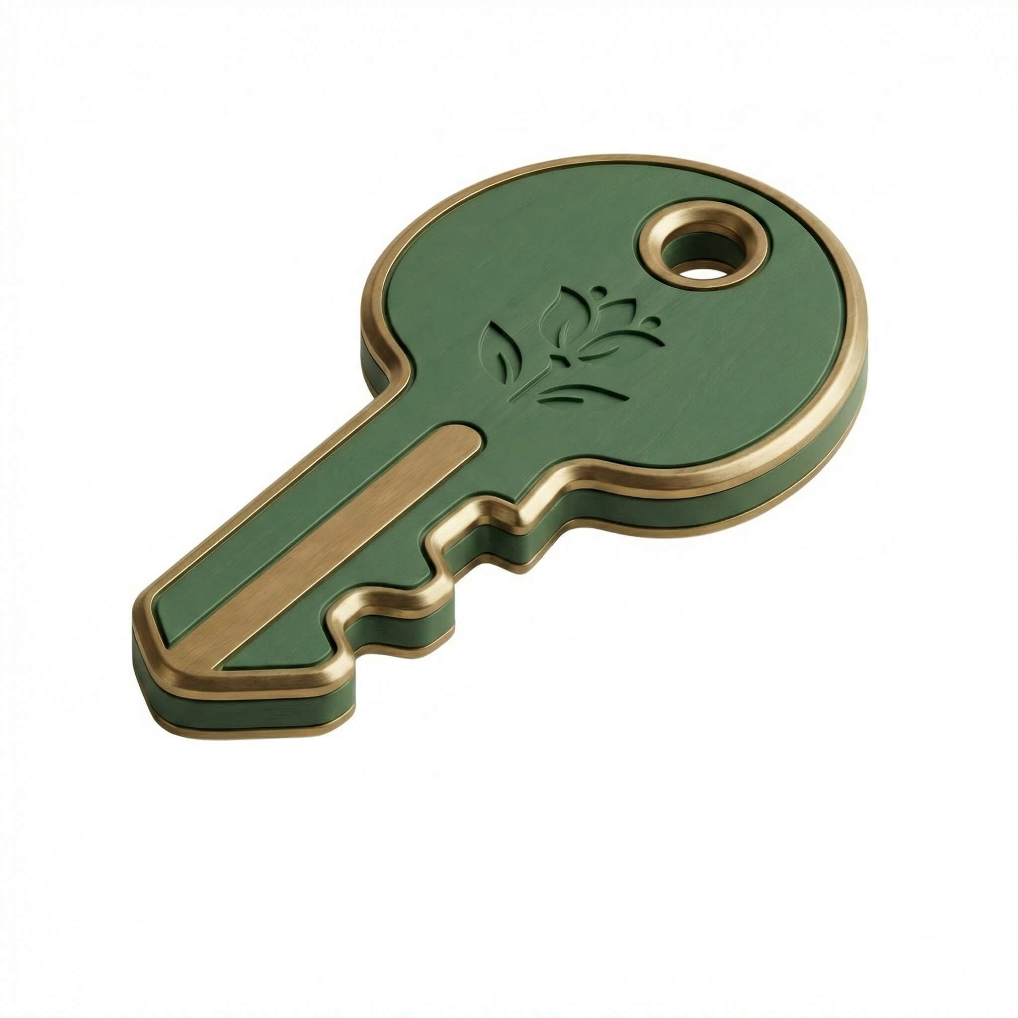 3D forest green and gold executive key with a Bloom flower emblem, representing Grant Acquisition & Readiness services